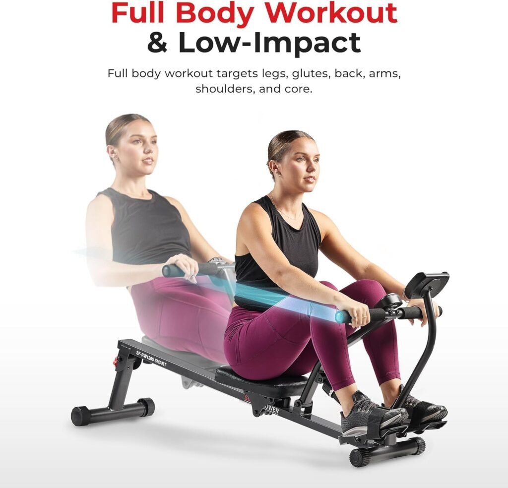 Sunny Health  Fitness Compact Adjustable Rowing Machine with 12 Levels of Complete Body Workout Resistance and Optional SunnyFit App Enhanced Connectivity