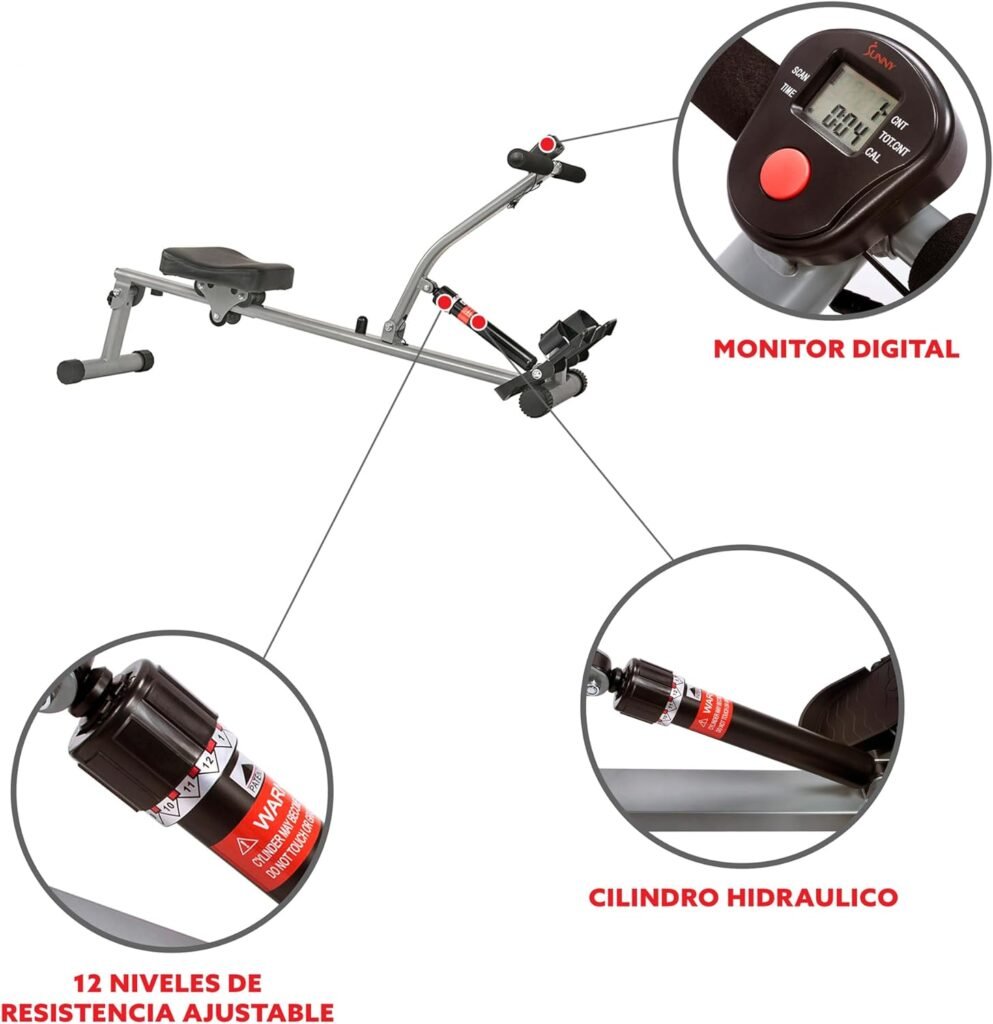 Sunny Health  Fitness Compact Adjustable Rowing Machine with 12 Levels of Complete Body Workout Resistance and Optional SunnyFit App Enhanced Connectivity