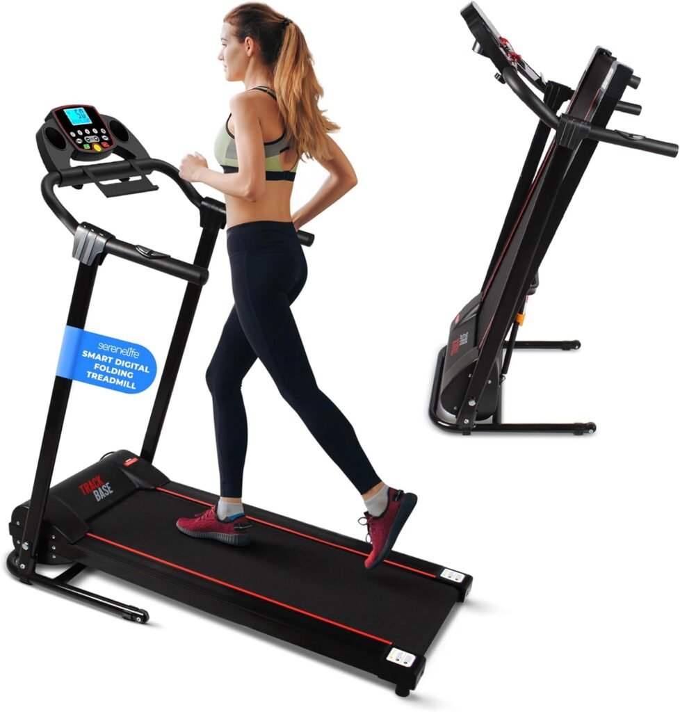 SereneLife Folding Treadmill - Foldable Home Fitness Equipment with LCD for Walking  Running - Cardio Exercise Machine - Preset and Adjustable Programs - Bluetooth Connectivity